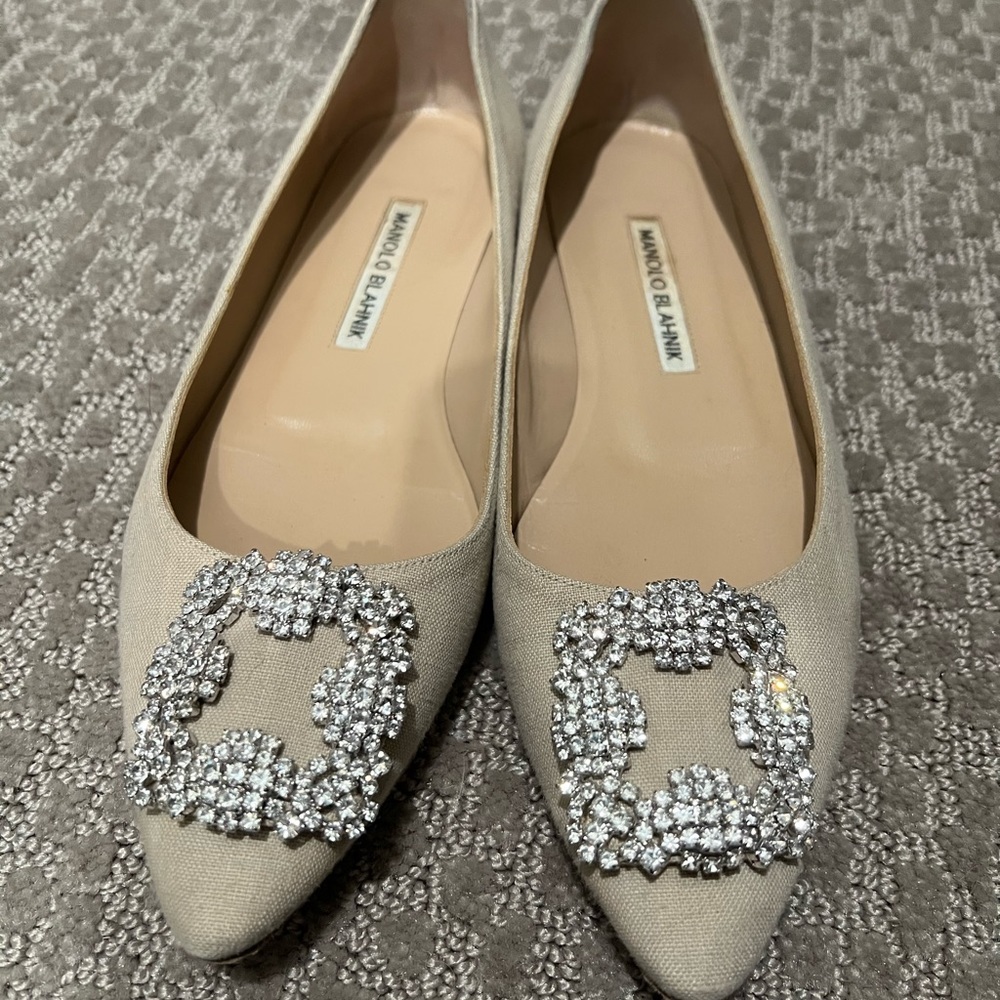 Manolo blahnik HANGISIFLAT natural fabric JEWEL BUCKLE FLAT SHOES size 37.5